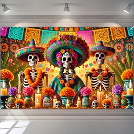 BlissYard Day of The Dead Banner Hanging Decor Floral Skull & Papel Picado Scene Decoration 71x43 Inches for Home Party Supplies Photo Backdrop Outdoor Indoor Holiday Season Decor