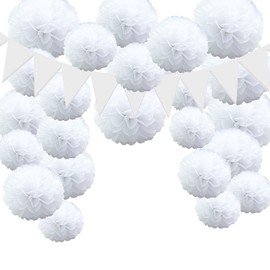 Pack of 25 Wedding Decoration White Decoration, FORMVERSITY Paper Flowers Decoration, Festival Decoration, White Pompoms, White Tissue Paper Pompoms Decoration, Garland, Wedding, Birthday Decoration