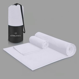 ATHLETICK 2 Pack Microfibre Towel Set for Gym, Yoga, Sports,Camping & Travel-400gsm Quick Dry, Soft Hand Towels-Lightweight for Beach,Bath,Hiking,Hair & Kitchen-Super Absorbent with Bag (White)