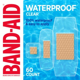 BAND-AID Brand Clear Waterproof Adhesive Bandages, Sterile First-Aid Bandages for Minor Wounds, Cuts & Scrapes, Clear Bandages with a Quilt-Aid Pad to Cushion Wounds, Assorted Sizes, 60 ct