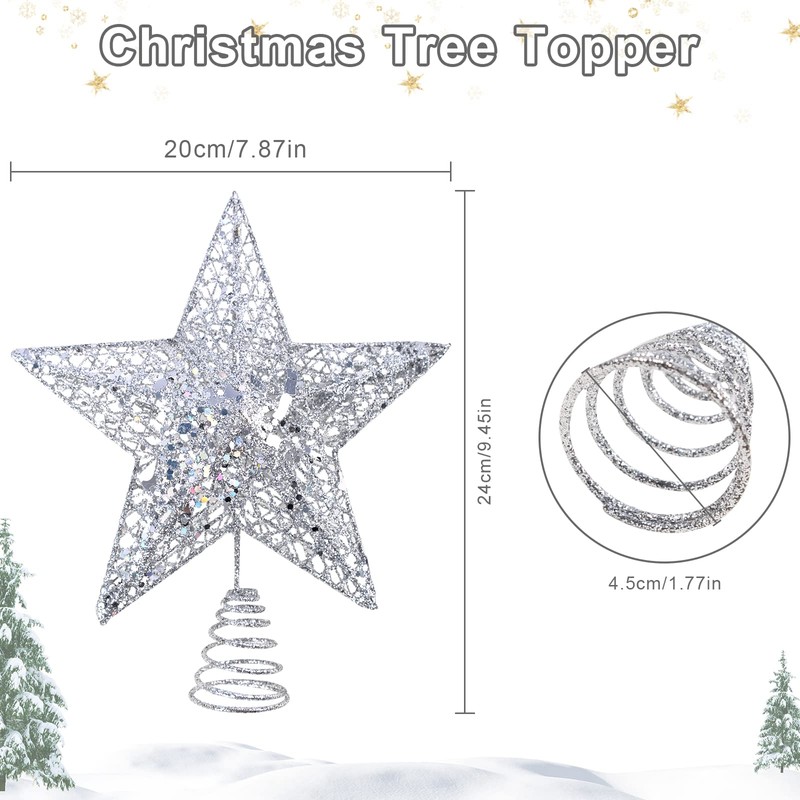 KEYIDO Silver Tree Star Christmas Tree Topper Metal Christmas Tree
