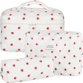 BuyCard Quilted Makeup Bag Set, 3Pcs Cotton Floral Cosmetic Bags, Cute Aesthetic Coquette Makeup Bag Travel Cosmetic Organizer with Toiletry Pouch & Brush Holder for Women, Strawberry Beige