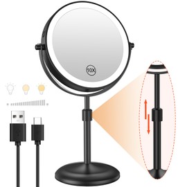 Benbilry Lighted Makeup Mirror with 10X Magnification & 3 Color Lights, Adjustable Brightness & Height, 7 Inch 360° Swivel Rechargeable LED Magnifying Make Up Vanity Mirror with Lighting (Black)