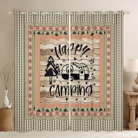 Feelyou Camper Curtains (2 Panels, 52 x 63 Inch) Happy Camping 30%-50% Blackout Curtains Southwestern Camper Accessories Travel Trailers Wood Grain Vinatge Darkening Drapes Orange Window Treatments