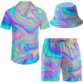 Wdpsuxin Men's 2 Piece Tracksuit Psychedelic Trippy Hawaiian Shirt Shorts Button Down Shirt and Shorts Sets with Bucket Hats Large
