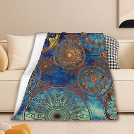 Boho Flower Throw Blankets for Bed,Vintage Gold Mandala Flower Flannel Blanket for Unisex,Lightweight Soft Blanket Throw for Girls Kids Adults Couch 50x60 in