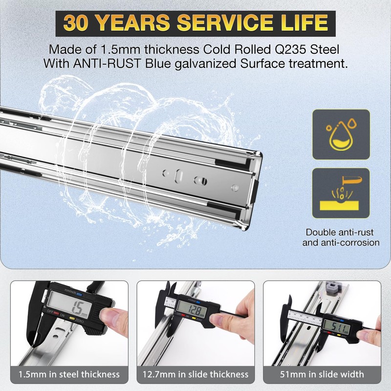 YENUO Heavy Duty Drawer Slides Full Extension Side Mount 12