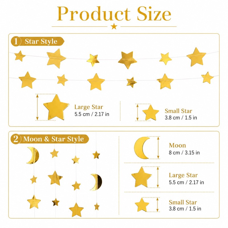 ZEYIYER 52Ft/12m Gold Star Garland, Moon Stars Bunting Decoration