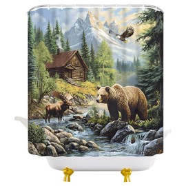 YOZSLGU Country Rustic Cabin Bear Elk Shower Curtain Eagle Moose Deer Camping Lodge Hunting Wildlife Animals Nature Fabric Bathroom Decor Curtains with Hooks, 70" Wx70 H