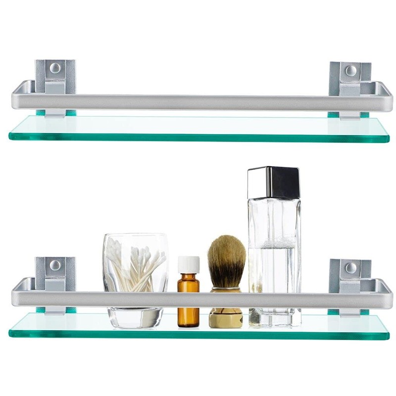 Sanbege 2-Pack Tempered Glass Bathroom Shelf with Rail, 15" x