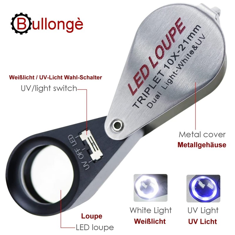 Bullongè Folding Magnifier 10 x 21 LED and UV