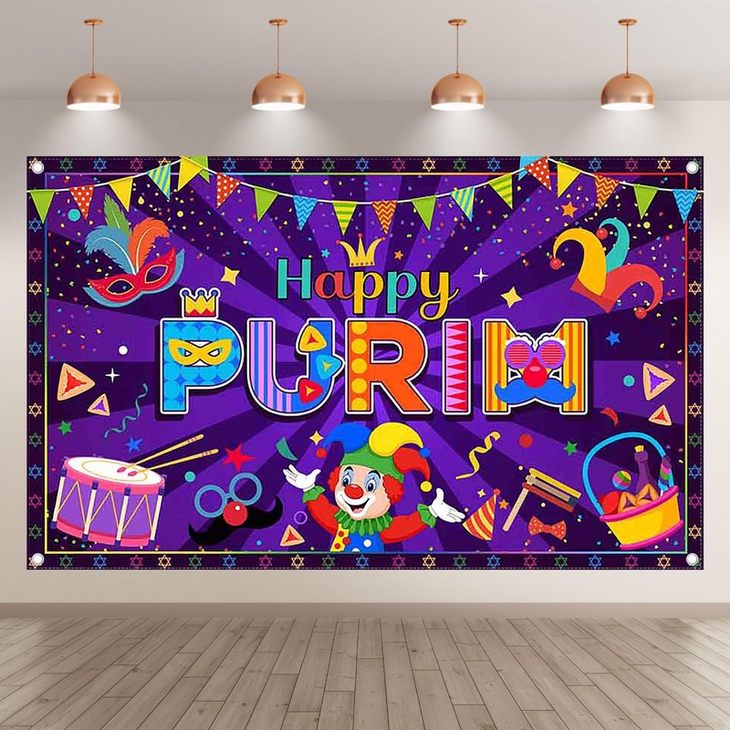 ZTHMOE Fabric 72x43inch Happy Purim Backdrop Jewish Banner