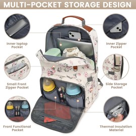 BILLITON MASHI Diaper Bag Backpack, Large Baby Nappy Bags with Portable Changing Pad for Boys and GirlsMultifunction Travel Baby Bag for Moms Dads, Shower Gifts Waterproof and Stylish，Flower Beige