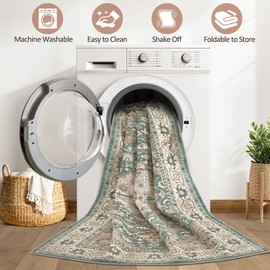 Green Rug Living Room Rugs: 8x10 Washable Boho Large Vintage Soft Stain Resistant Farmhouse Oriental Non Slip Indoor Floor Carpet for Bedroom Nursery Kids Playroom Office Dining Room Home Decor