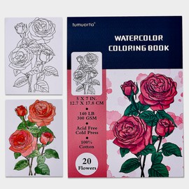Watercolour Colouring Book, 20 Unique Floral Pattern, 12.7 x 17.8 cm, 100% Cotton, 300 GSM, 20 Sheets, Cold Pressing, Acid-free Watercolour Paper, Glue-Bound. (Flowers)