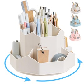 Ceysin Desk Organiser, 360 Degree Rotating Pen Pencil Holder with 9 Compartments, Multifunctional Pen Pots Makeup Brushes Holder Desktop Stationary Storage for Home Office Supplies Desk Tidy (White)