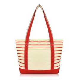 DALIX Large Stripe Tote Deluxe Shoulder Bag Cotton Canvas in Red