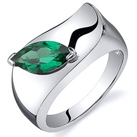 PEORA Simulated Emerald Museum Solitaire Ring for Women 925 Sterling Silver, 1 Carat Marquise Shape 10x5mm, Size 7, Promise, Engagement, Statement Ring, May Birthstone, w/Jewelry Box