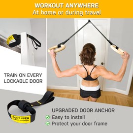 Double Circle Door Anchor for Gymnastic Rings and Resistance Bands with Dual Slots, Warning Sign - Home Or Gym Door