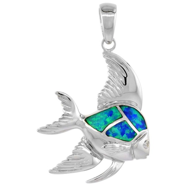 Sterling Silver Synthetic Opal Angelfish Pendant Hand Inlay Cubic Zirconia