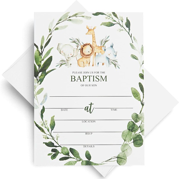 All Ewired Up 25 Jungle Baptism Invitations for Boys and 25 Envelopes Safari Animals Greenery Sage Noah's Arc (Large size 5X7 inch)
