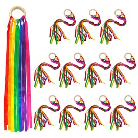 12 Pieces Rainbow Ribbon Hand Kite Sensory Streamers with Wood Ring Wrist Wind Wand Dancing Learning Educational Birthday Creative Favor(Vibrant)