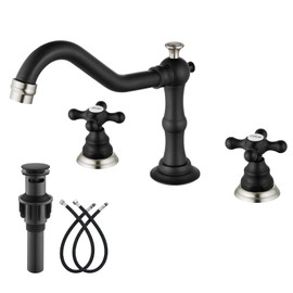 gotonovo Matte Black and Brushed Nickel Widespread Bathroom Faucet Set 3 Hole 2 Cross Handle Swivel Spout with Pop Up Drain Assembly and Supply Hose Deck Mounted Vanity Faucet Basin