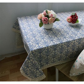 Superwinger Classic Linen Cotton Blue Flower Printed Tablecloth Dustproof Rectangular Table Cloth Wedding Party Hotel Table Cover,Assorted Size