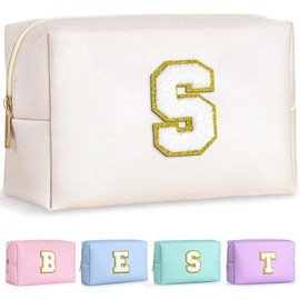 Parima Cosmetic Bag Women Girls Pink Cosmetic Bag Set Travel Cosmetic Bag Makeup Brush Bag Small Makeup Bag with Letters Cosmetic Bag Gifts for Women Teenager Girls Daughter, White