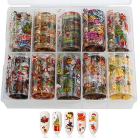 10 Rolls Holographic Nail Art Foil Sticker Decals, MWOOT Christmas Nail Transfer Sticker Starry Sky Nail Wraps Transfer Film Sticker Kit (1.57 Inches x 39.37 Inches / 4 cm x 100 cm)