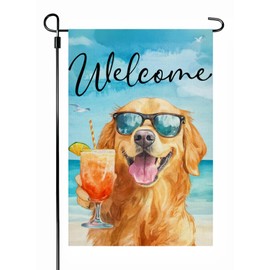 Summer Beach Dog Welcome Garden Flag, Cute Golden Retriever 12x18 Inch Double Side Burlap Flag, Summer Welcome Dog Flags for Lawn Yard Patio Porch Beach Decor