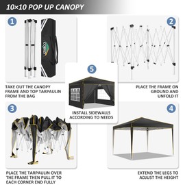 COBIZI 10x10 Pop Up Canopy with 4 Sidewalls and 4 Sandbags UV Protection 50+ Camping Commercial Wedding Portable Tent for Backyard, Black