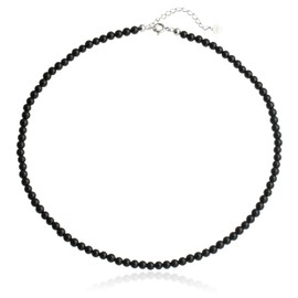 Natural Black Onyx Choker Necklace Sterling Silver 4MM Round Beads Strand Necklace for Women