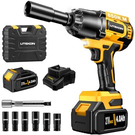 LITEKON Cordless Impact Wrench, MAX 650N.M Brushless Impact Gun 1/2 inch, 2000mAh Battery, 6 Sockets, Yellow