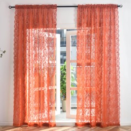 Burnt Orange Sheer Curtains 84 Inches Long for Living Room 2 Panels Set Rustic Leaf Floral Pattern Rust Sheer Lace Curtains Autumn Fall Decor, Rod Pocket Privacy Vintage Lacy Curtains, 42 x 84 Inch