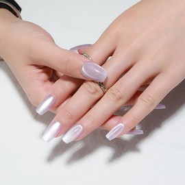 Medium Square Cat Eye Coffin Press on Nails, Light Lavender Purple Metallic Glitter Glossy Reusable Gel Press on Acrylic Fake Nail with Designs, Petite Medium Square Glue on Nail for Women Gift