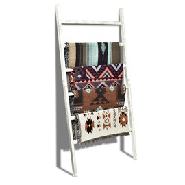 FUIN Extra Wide 6.4ft Wooden Blanket Ladder Living Room Decorative Wal Leaning Farmhouse Quilt Display Holder Rustic Wood Towel Rack for Bathroom, White, 38 inch Wide