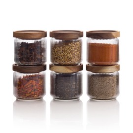 Mason & Fable 12 fl oz, 350ml Glass Food Storage Jars with Wood Lids (6pcs) - Stylish Ribbed Pattern for Kitchen Organization and Storage Containers for Spice, Tea, Coffee/Sugar