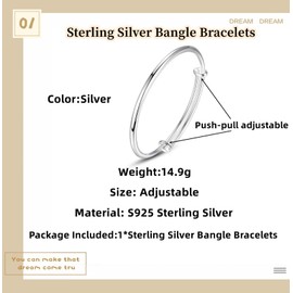 Sterling Silver Bangle Bracelets for Women,Fashion Versatile Simple Adjustable Silver Plated Smooth Face Bracelet,Smooth Face Round Belly Push Pull Silver Bracelet