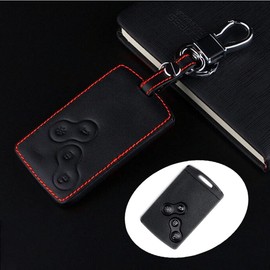 Qirc Leather Car Key Cover Box, For Clio Scenic Megane Duster Sandero Captur Twingo Koleos Keychain Key Ring Smart Car Key (Red line)