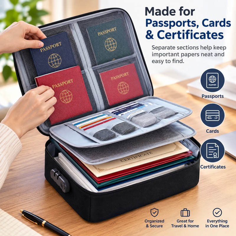Lockable Document Organizer Bag for Passports & Files – 3-Layer