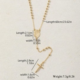 Gold Rosary Bead Cross Necklace for Women Men with Virgin Mary, Sun Drop Dangles, and Miracle Medal Pendant. A Beautiful Gift Idea. (3mm)