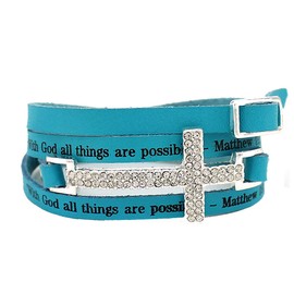 4031183 Matthew 19:26 Leather Wrap Cross Bracelet Scripture with God All Things are Possible