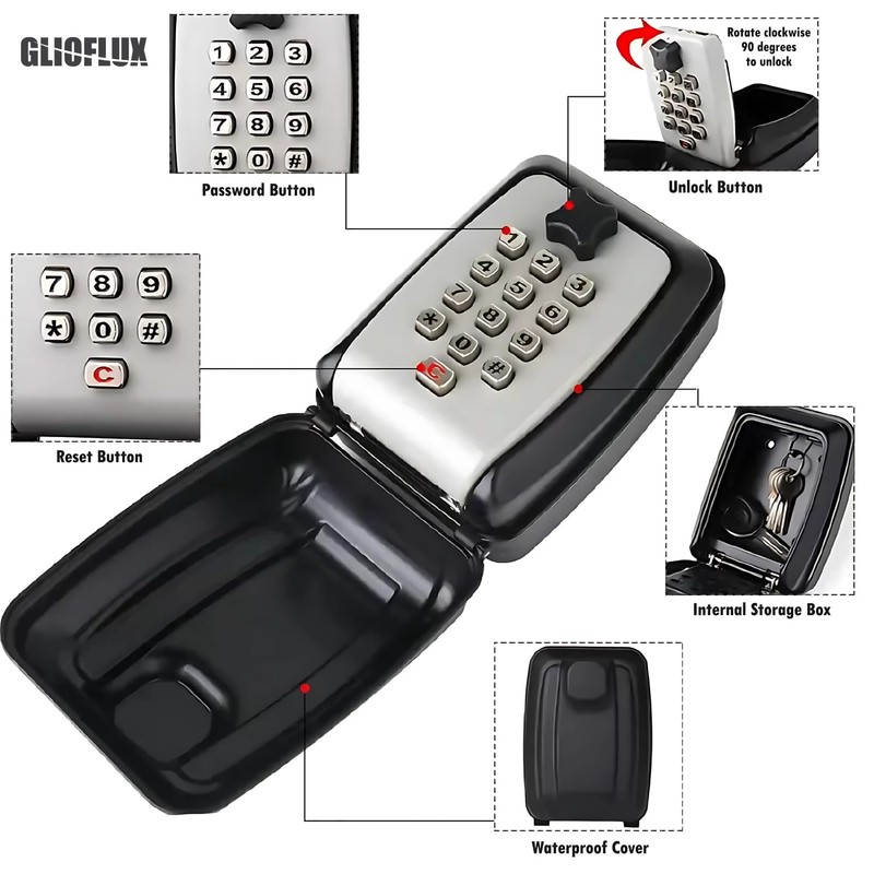 GLIOFLUX Key Safe Outdoor, Key Safe Wall Mounted with 10