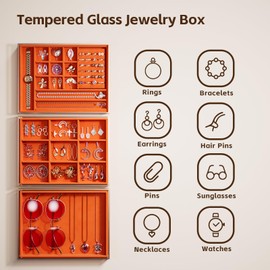 CoralHouse Large jewelry boxes & organizers - 3-Layer Glass Jewelry Organizer with Velvet Lining and Copper Handles - for Rings, Earrings, Necklaces, Bracelets, and Watches.