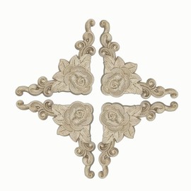 4Pcs Wood Carved Appliques Onlays Trim Handmade Carved Unpainted Door Corner Retro Decoration 3.15"x3.15" for Furniture Wall Cupboard Bed Cabinet Home