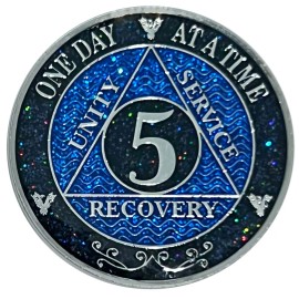 Simply Minimal AA 5 Year Medallion, Silver Color Plated, Black Rainbow & Blue Glitter, Alcohol