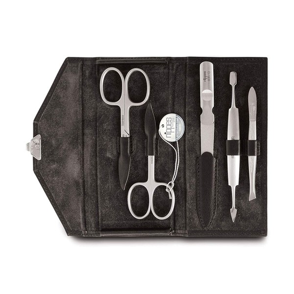 Nippes Solingen 5 Piece Manicure Set Stainless Steel Rust- and Nickel Free Genuine Cowhide Leather Case with Mortice Lock Nippes Premium Line Black