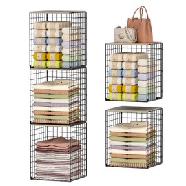 Taller Closet Organizers and Storage with Wood Top, Set of 3 Stackable Wire Storage Bins for Clothes, Bags, Towels, Double Storage Design, Sturdy Metal Cube Shelf Organizer for Closet Wardrobe, Black