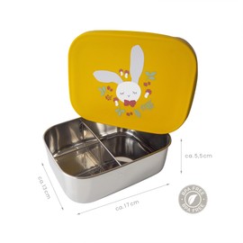 kikadu Lunch Box Rabbit Mustard Yellow Children's Crockery BPA-Free 18/8 Stainless Steel with Cute Prints, Dimensions 17 x 13 x 5.5 cm